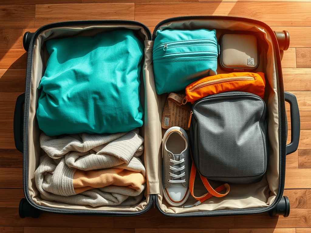 Essential items to pack for a Kerala trip including scarf, water bottle and rain jacket